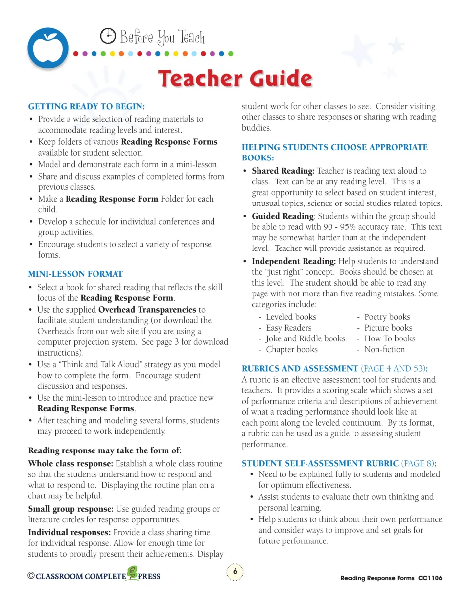 Teacher guide tips on getting ready, mini-lesson format, choosing just-right books and using rubrics for assessment