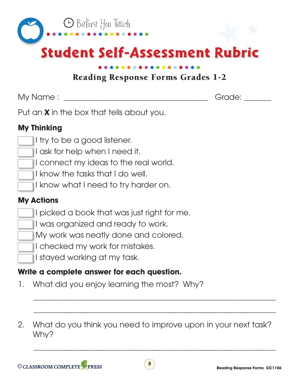 Student self-assessment: children mark statements about their thinking and actions, then write what they enjoyed most