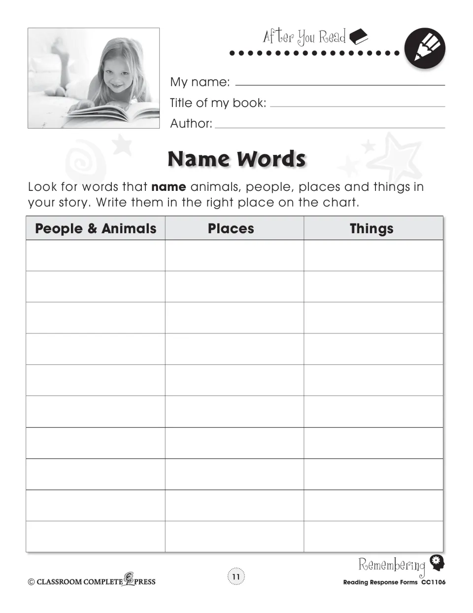 Name Words: after reading, students sort nouns from their story into people and animals, places and things on a chart