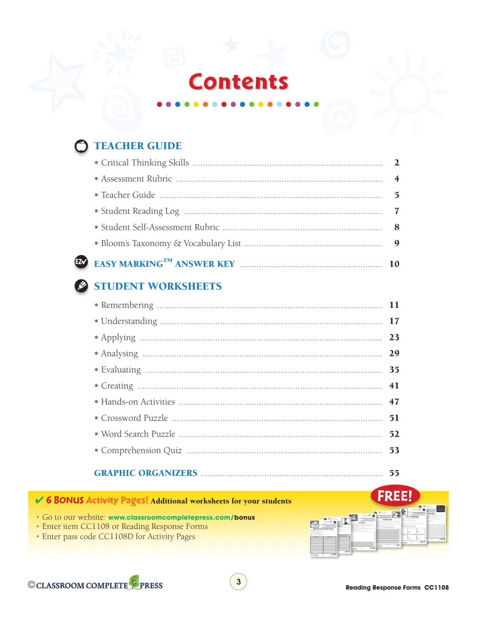 Contents: teacher guide pages 2–9, answer key on page 10, worksheets from page 11, graphic organizers from page 55