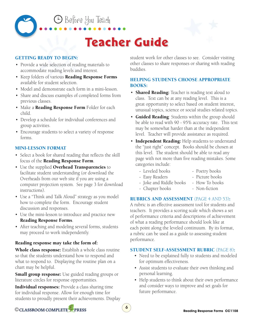 Teacher guide part 2: getting ready, mini-lesson format, choosing books at the right level, and using the rubrics