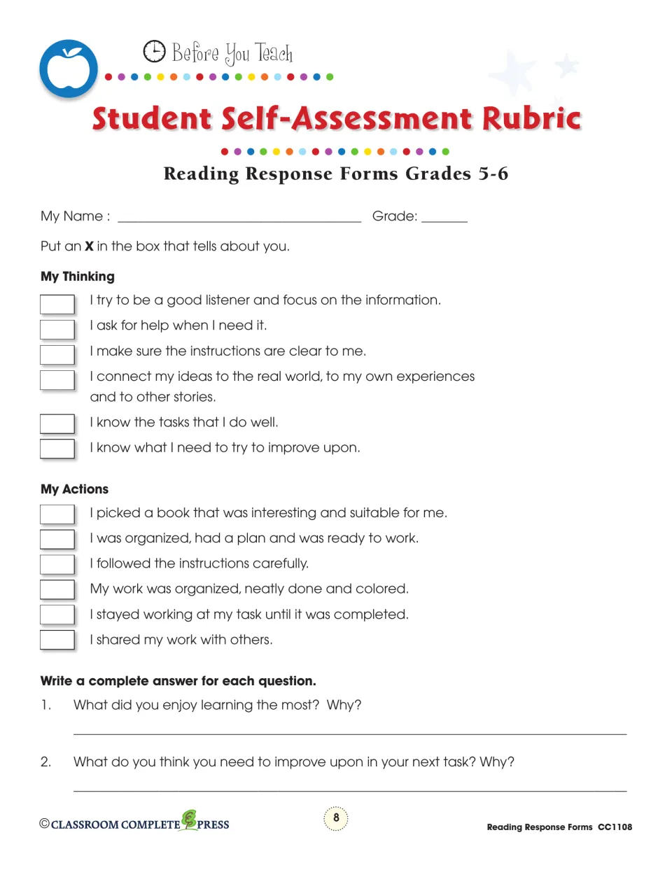 Student Self-Assessment Rubric: My Thinking and My Actions checklists plus two reflection questions
