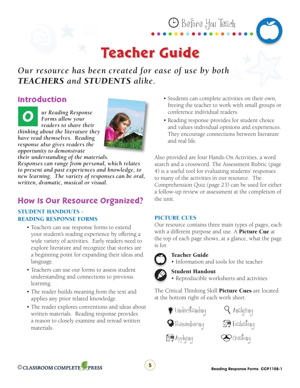 Teacher Guide introduction: how the forms are organized, plus picture cues for Remembering through Creating