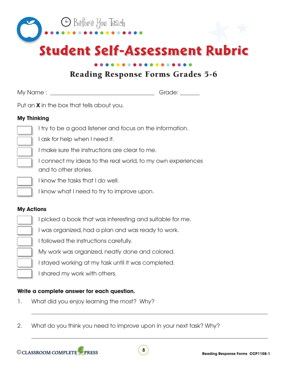 Student Self-Assessment Rubric: My Thinking and My Actions checklists and two reflection questions