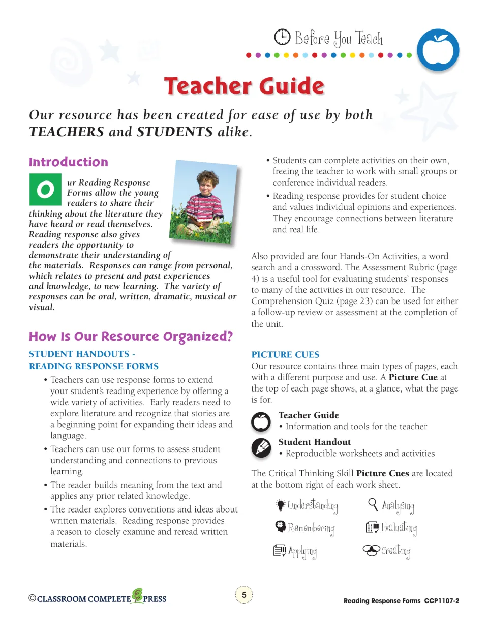 Teacher guide introduces reading responses, explains resource organization, and identifies page and skill symbols