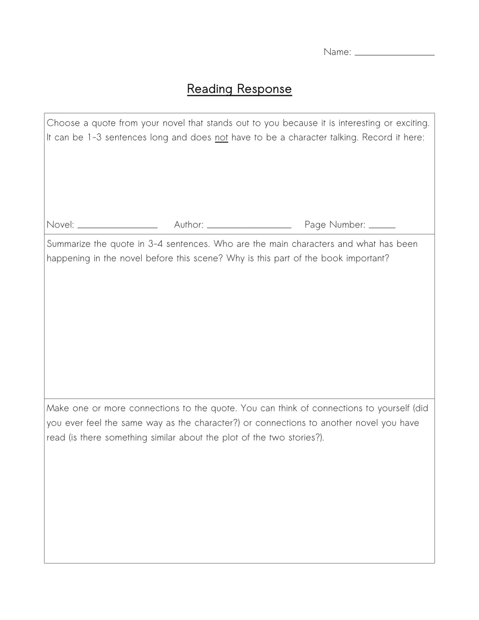 Reading Response part 1: students record a 1-3 sentence quote with novel, author and page, summarize and make connections
