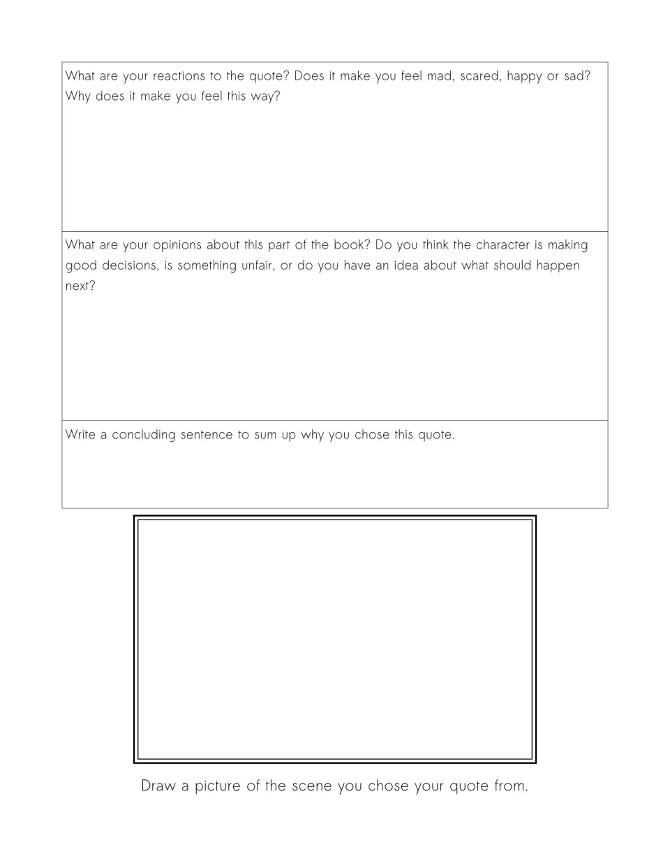 Reading response part 2: students share reactions and opinions on the quote, write a concluding sentence and draw the scene