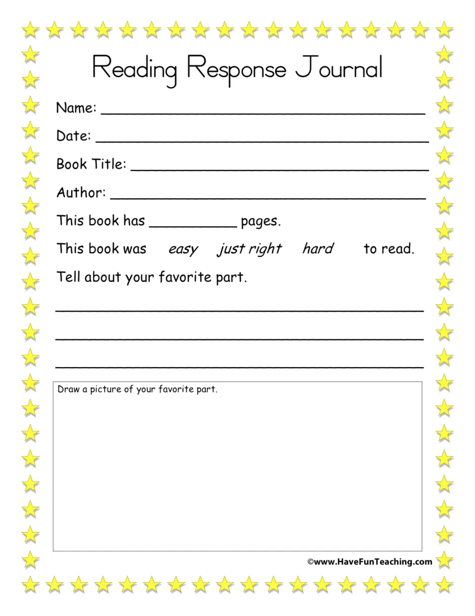 Reading response form for book details, page count, reading difficulty, and writing and drawing a favorite part.