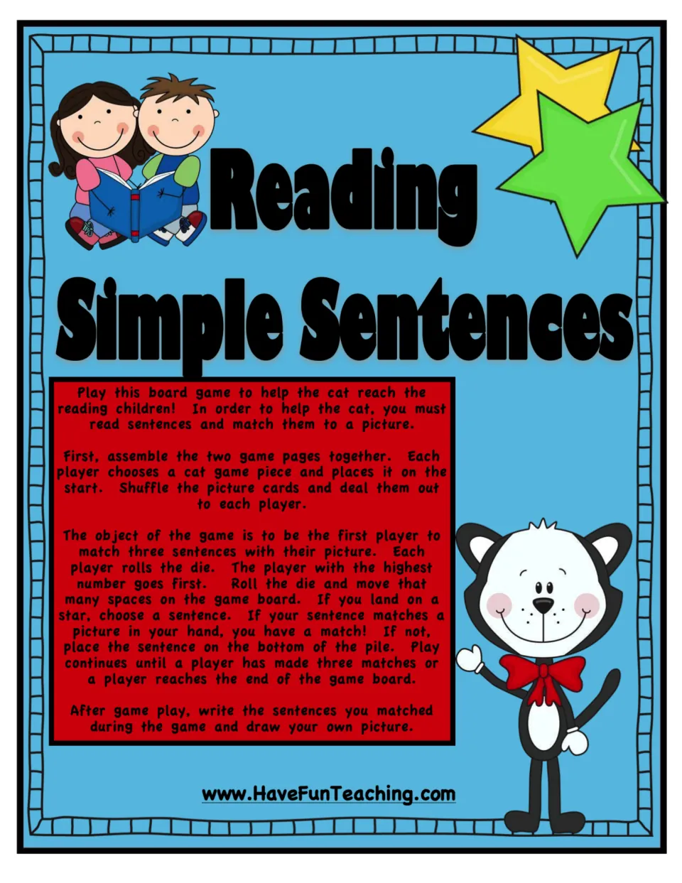 Reading Simple Sentences cover with game rules: roll, land on stars, read sentences and match three to picture cards