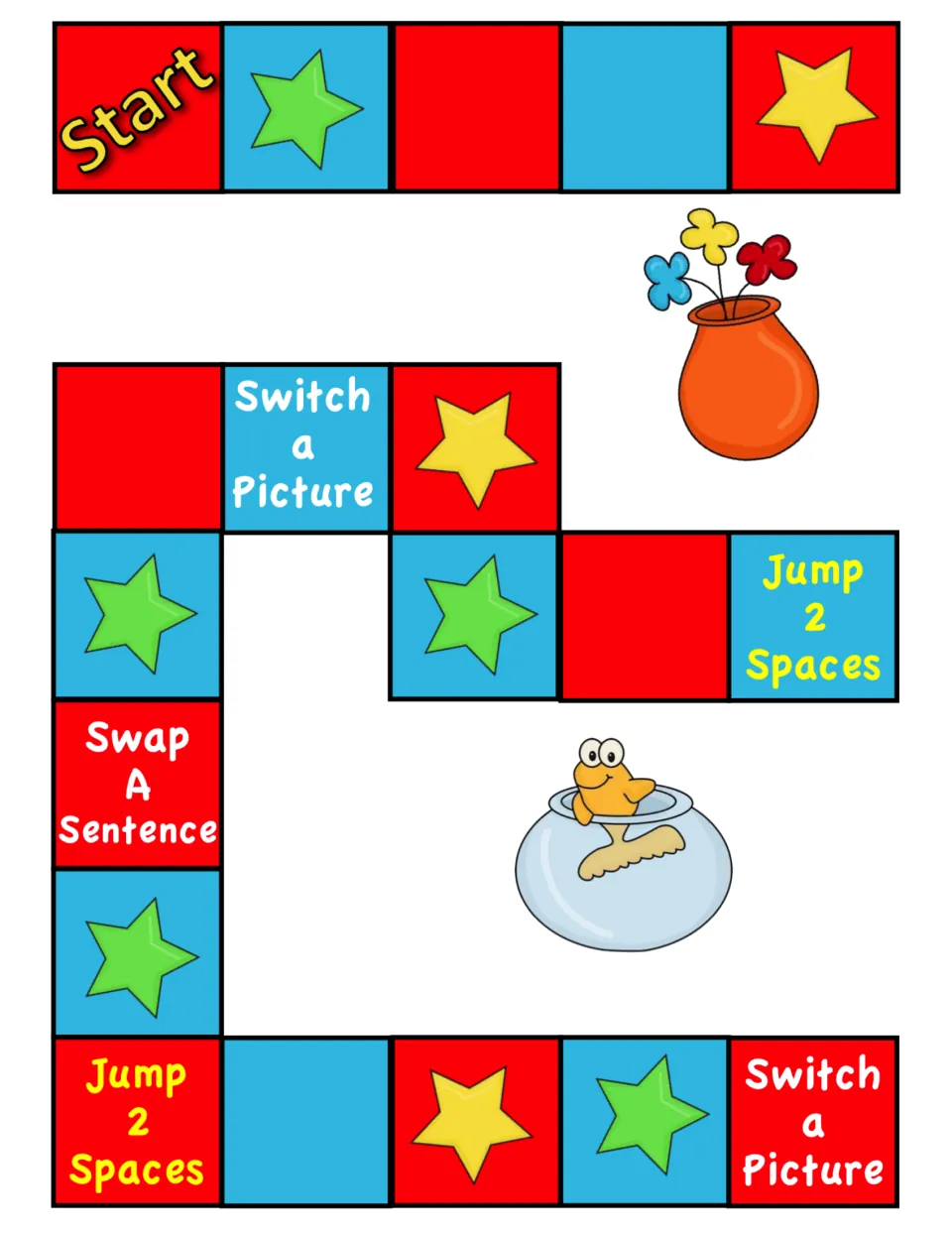 Game board first half: path from Start with star spaces plus Switch a Picture, Swap A Sentence and Jump 2 Spaces