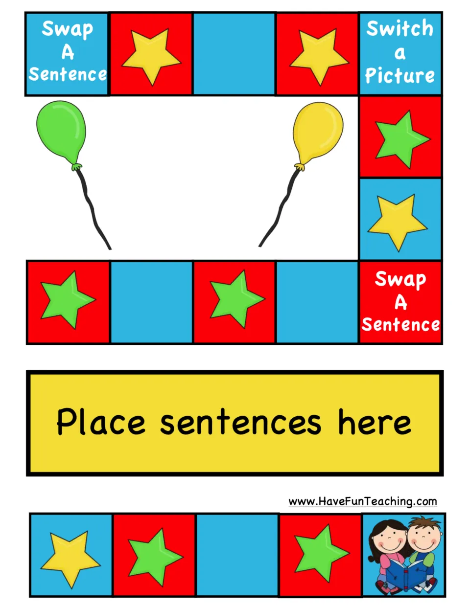 Game board second half: star spaces and action squares to the finish, plus a Place sentences here spot for the pile