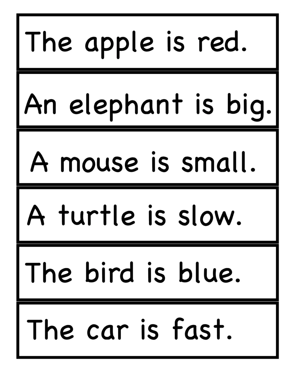 Sentence strips to cut out describing things: The apple is red, An elephant is big, A mouse is small, The car is fast