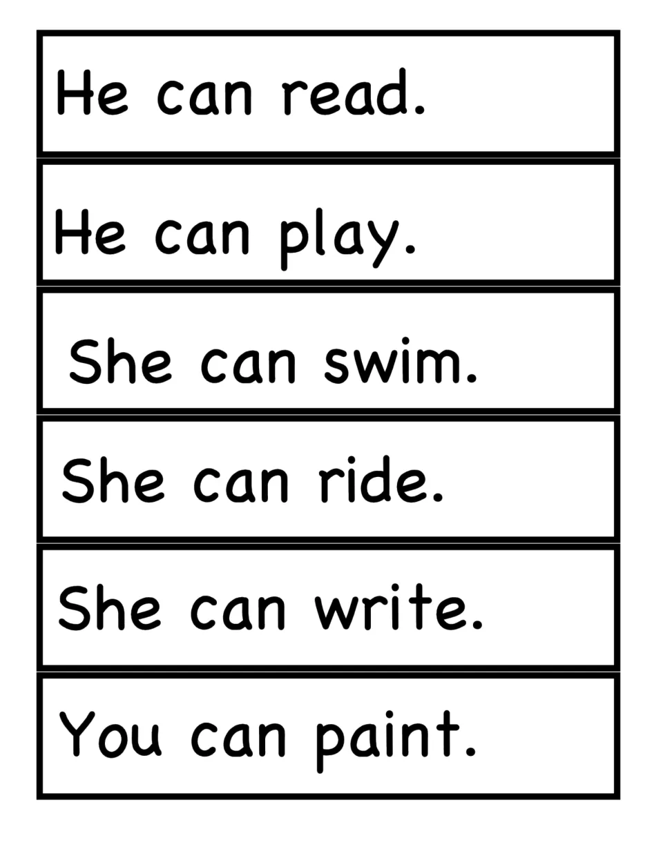 Sentence strips with pronouns: He can read, He can play, She can swim, She can ride, She can write, You can paint