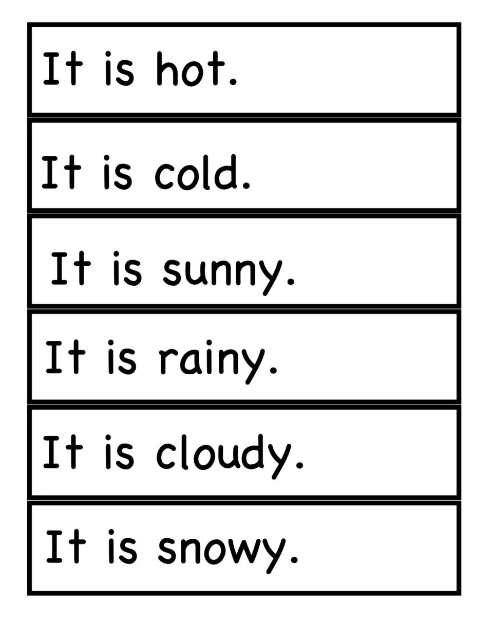 Weather sentence strips to read and match: It is hot, cold, sunny, rainy, cloudy and snowy