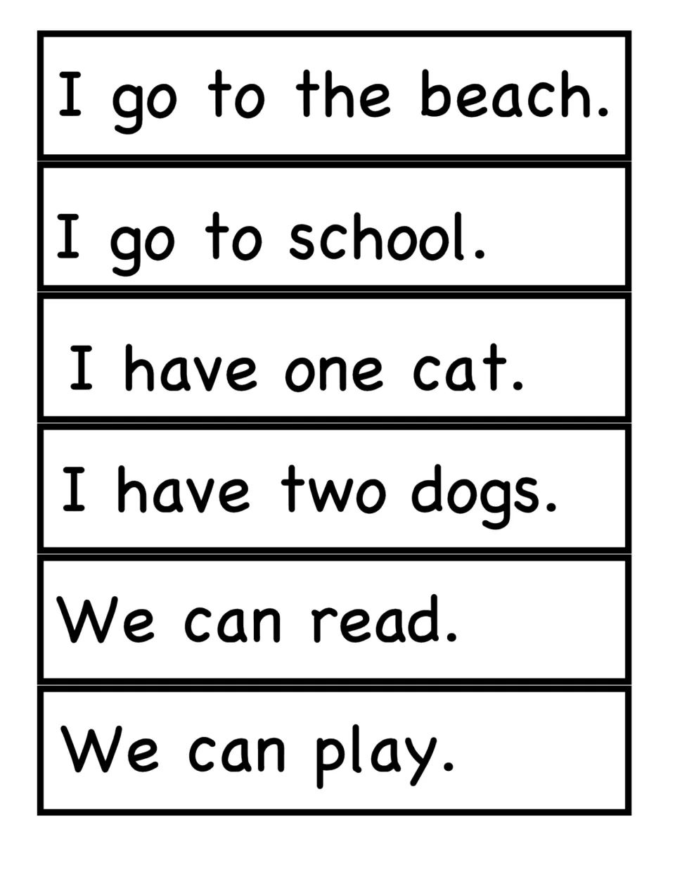Mixed sentence strips: I go to the beach, I go to school, I have one cat, I have two dogs, We can read, We can play