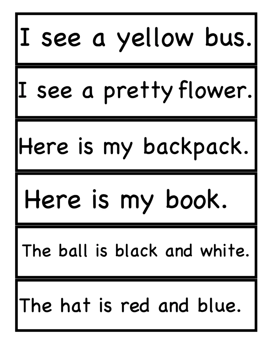Longer sentence strips: I see a yellow bus, Here is my backpack, The ball is black and white, The hat is red and blue