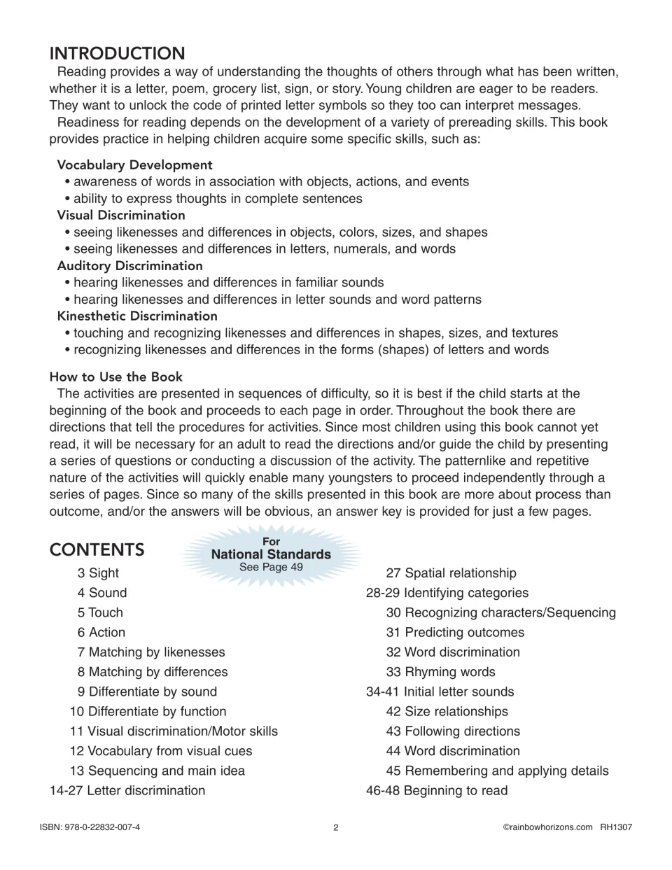 Workbook introduction explains four prereading skill areas, activity progression, and the contents list