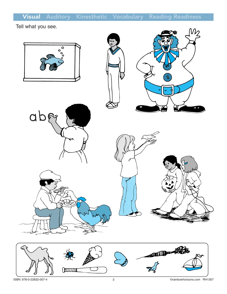 Visual discrimination activity asks children to tell what they see in pictures of people and objects