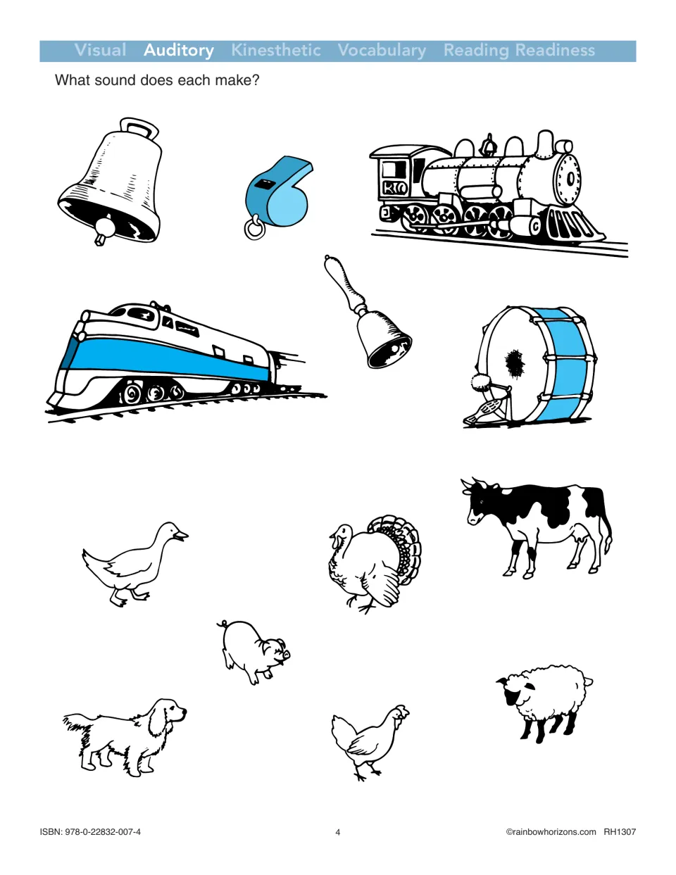 Auditory discrimination activity asks what sounds bells, a whistle, trains, a drum, and farm animals make