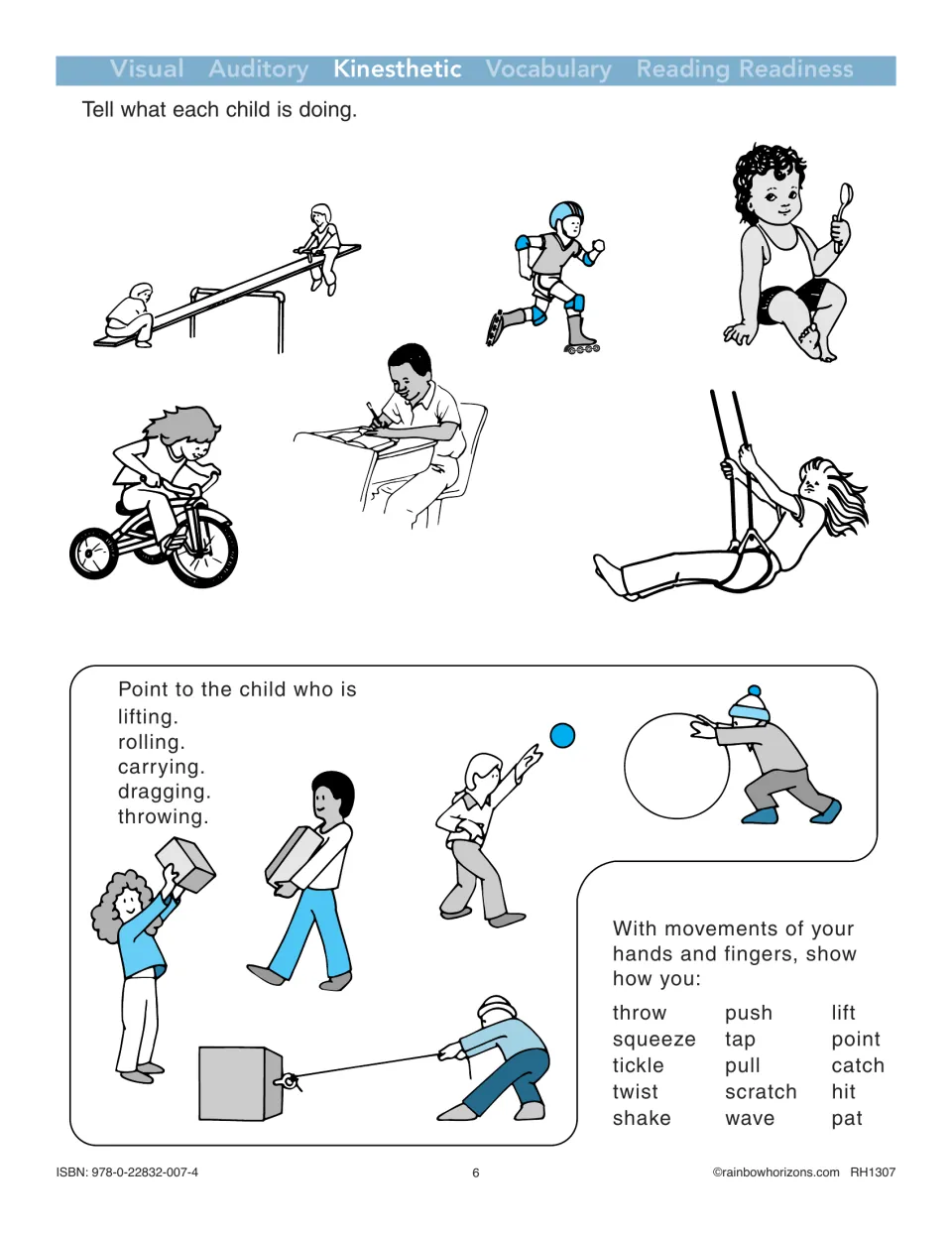 Action vocabulary activity asks children to name pictured actions, point to movements, and act out verbs