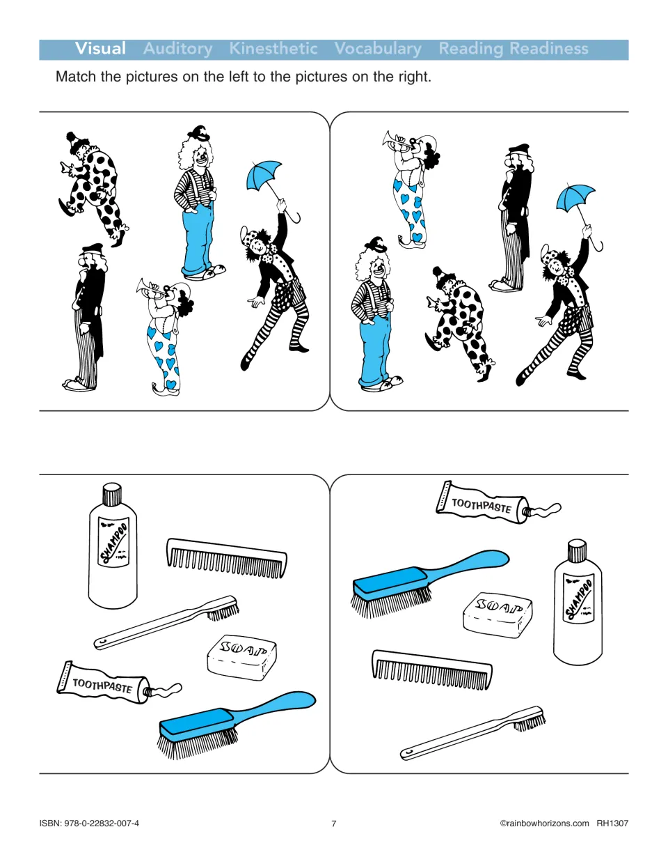 Visual matching activity pairs identical clowns and personal care items, including soap and toothbrushes