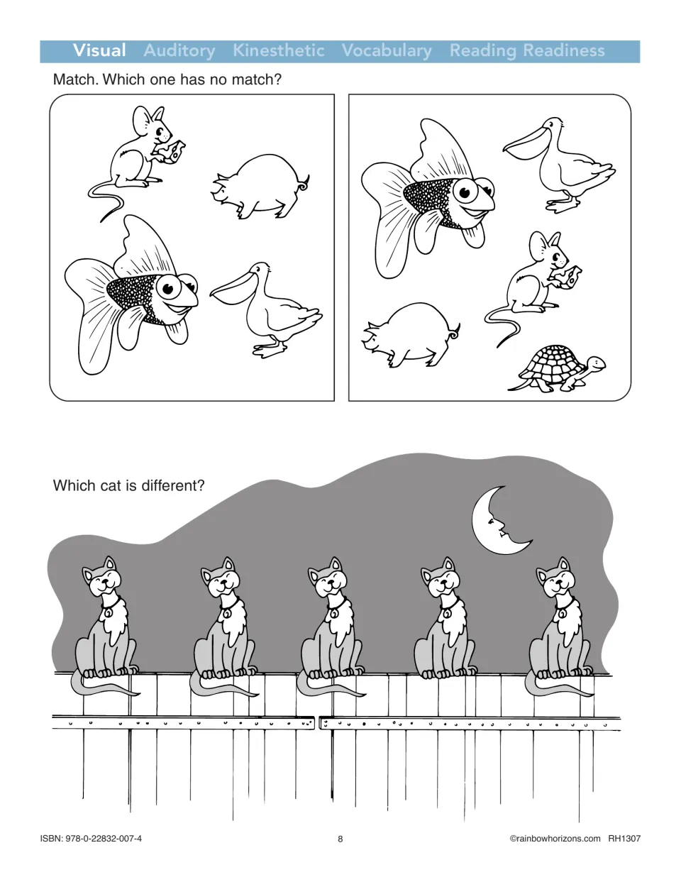 Visual discrimination activity asks children to match animals, find the unmatched one, and spot a different cat