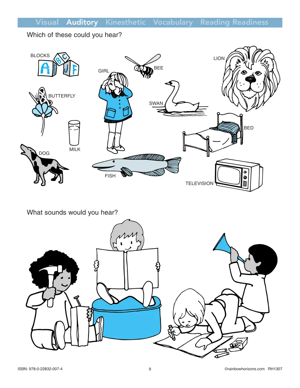Auditory discrimination activity asks which pictured things can be heard and what sounds children make