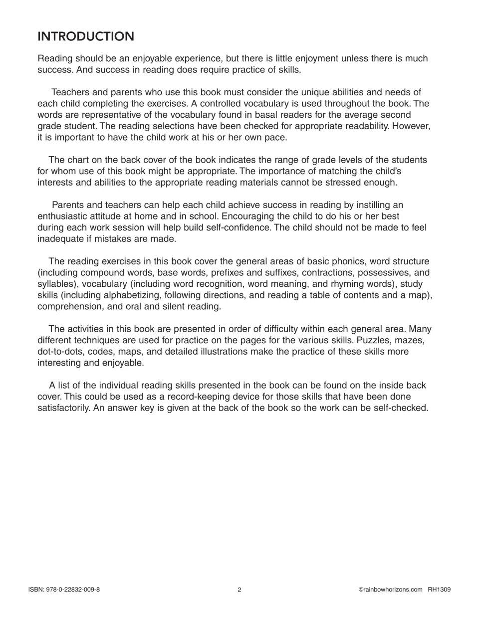 Introduction to the reading practice book explains pacing, skill areas, activity formats, and the answer key