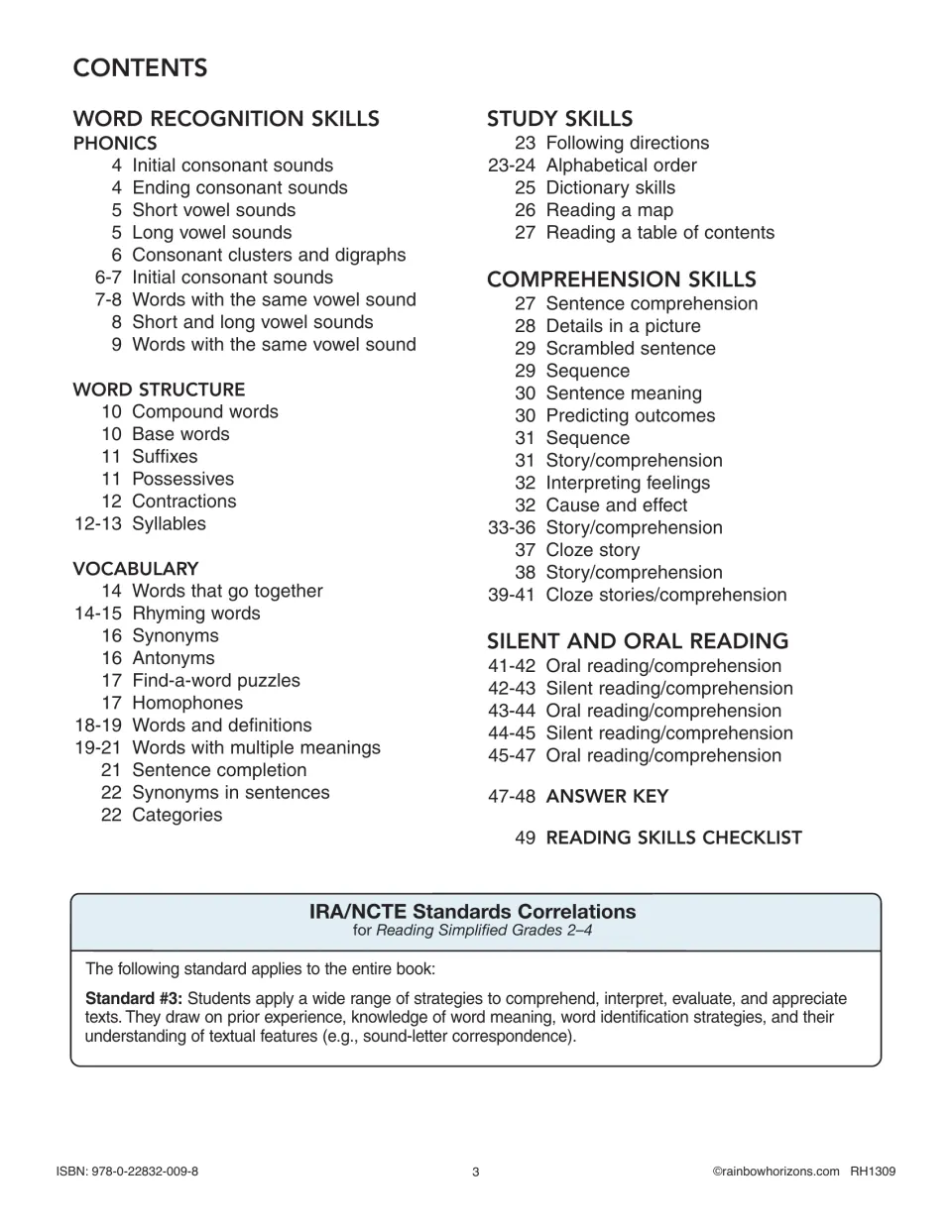 Contents lists phonics, word structure, vocabulary, study skills, comprehension, reading, and answer key