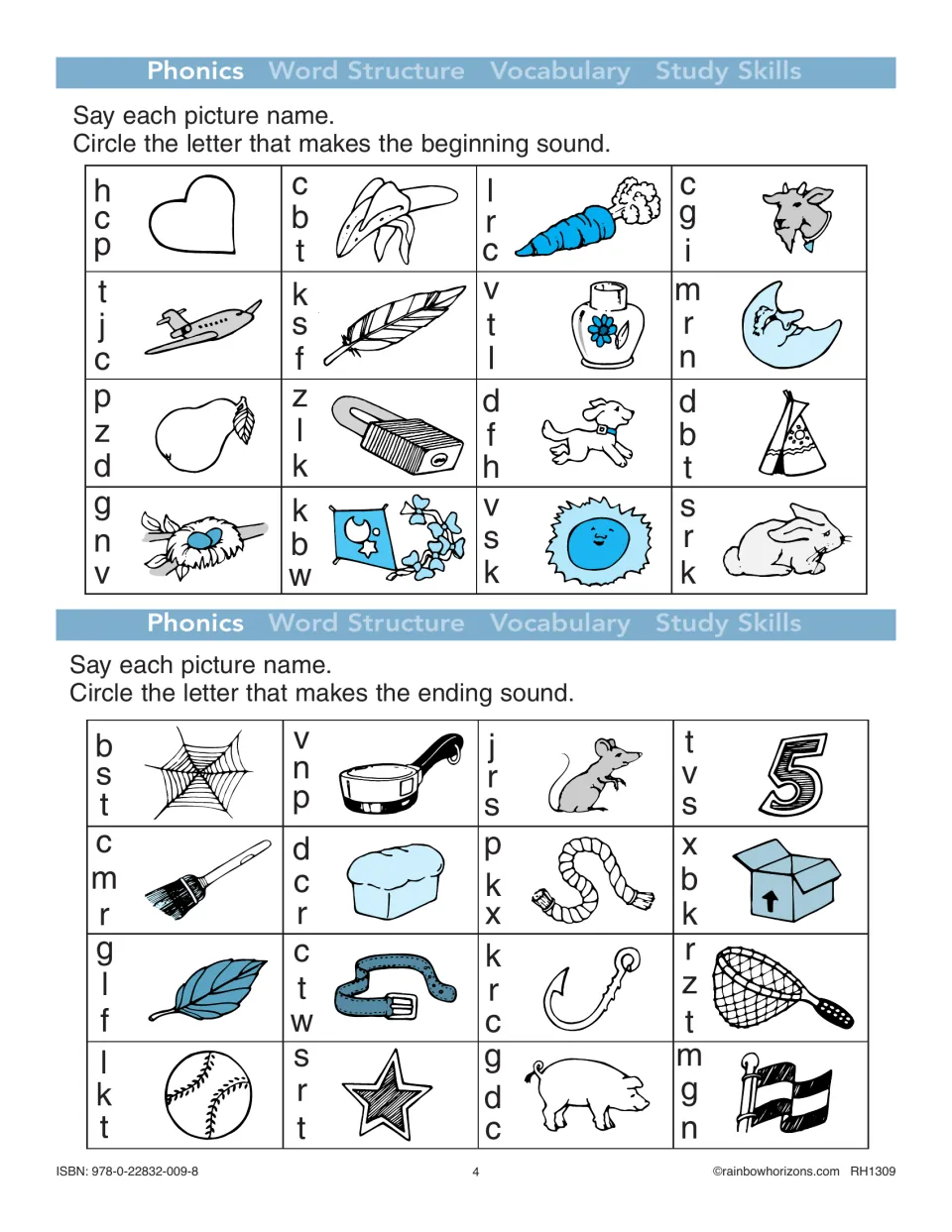 Phonics practice asks students to circle beginning and ending sounds for pictures such as heart and web