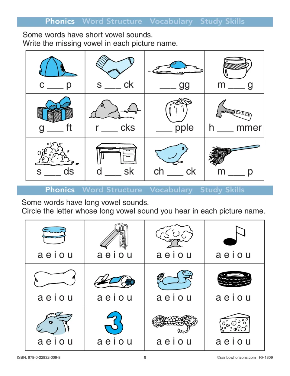 Phonics exercises ask students to fill in short vowels in picture names and identify long vowel sounds