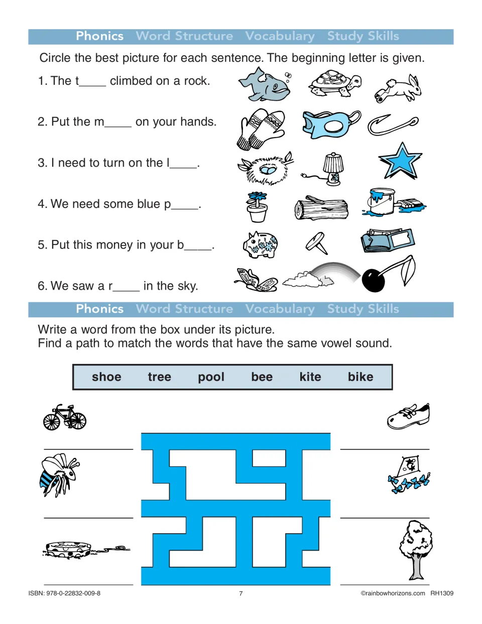 Phonics practice matches pictures to six sentences, then pairs shoe, tree, pool, bee, kite, and bike by vowel sound