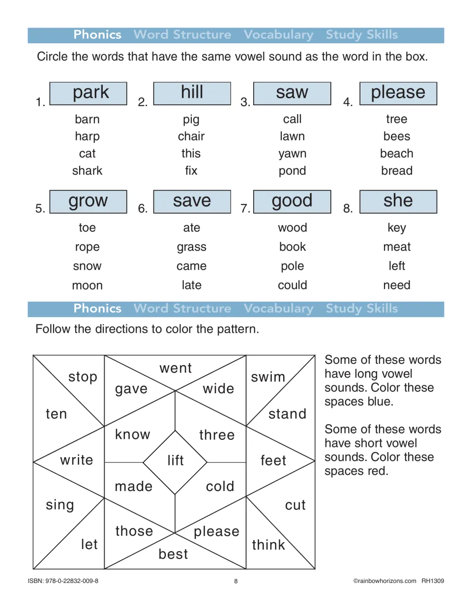 Phonics exercises match vowel sounds in park, hill, and other words, then color words by long or short vowels