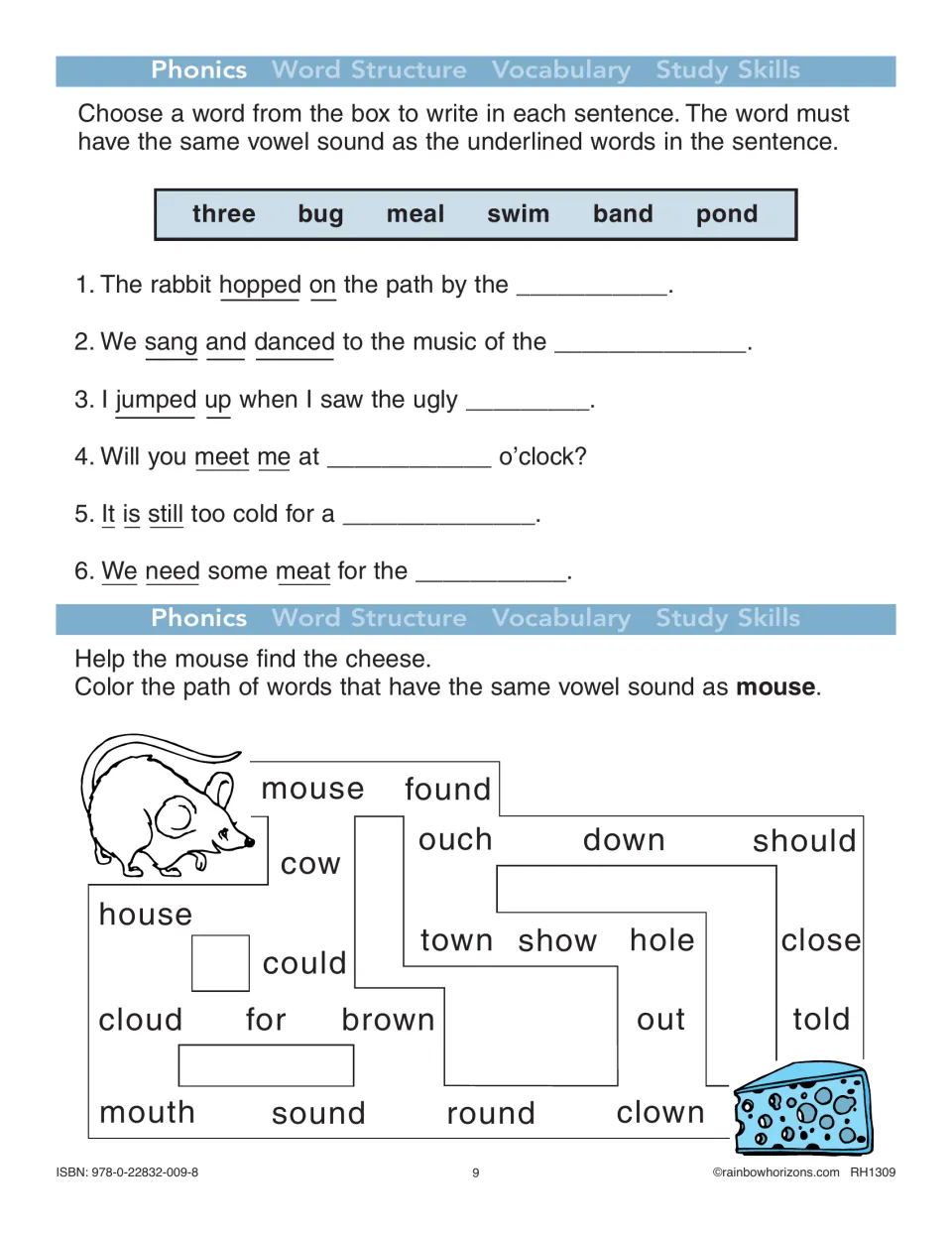 Phonics practice completes six sentences using matching vowel sounds, then traces words that sound like mouse