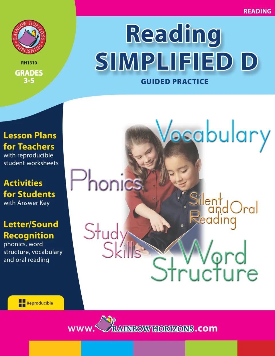 Cover of Reading Simplified D - Guided Practice for grades 3–5, listing phonics, vocabulary, and study skills