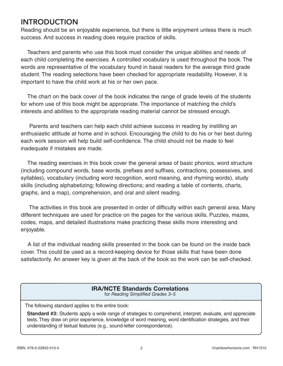 Workbook introduction explaining reading practice, individual pacing, skill areas, and use of the answer key
