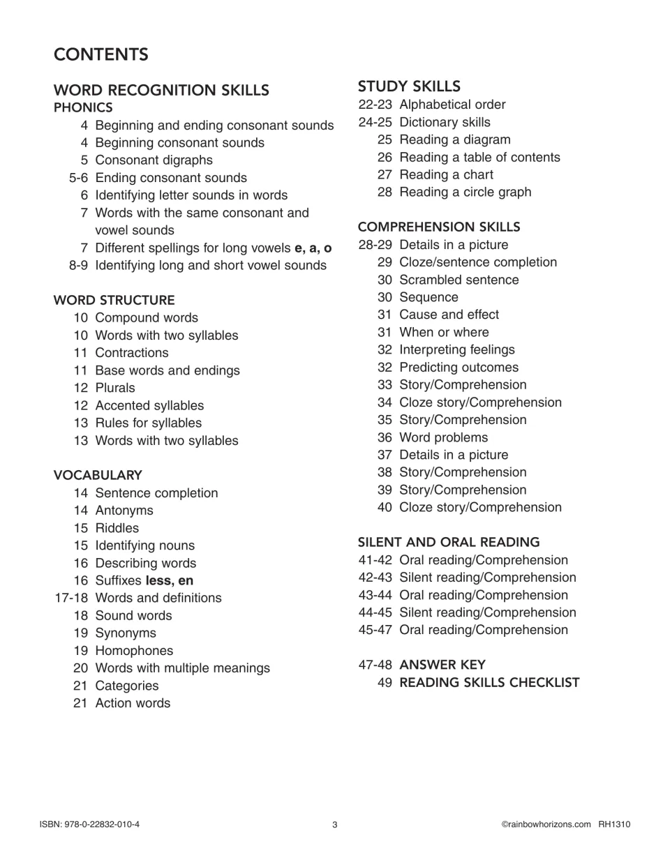 Workbook contents listing phonics, word structure, vocabulary, study skills, comprehension, and reading sections