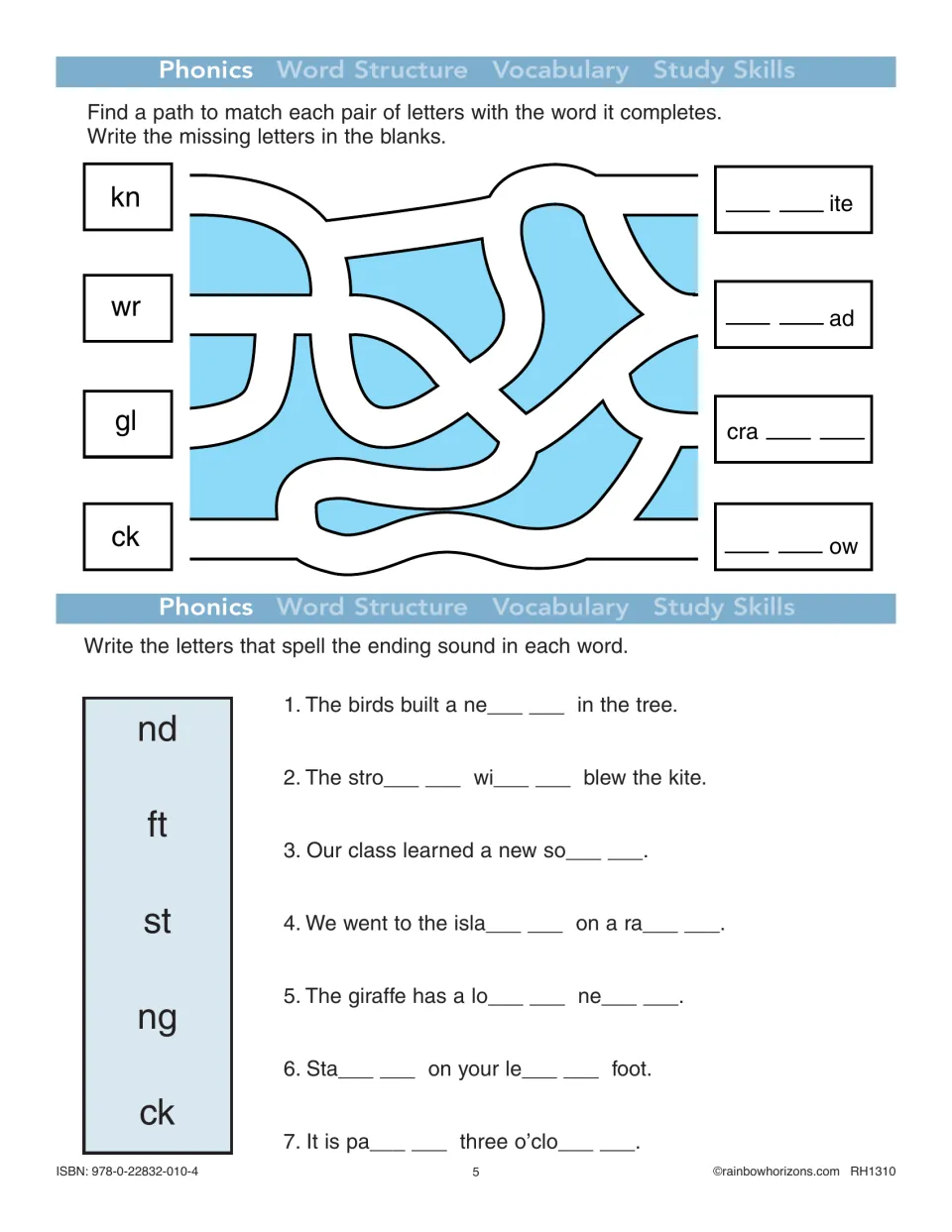 Phonics practice matching kn, wr, gl, and ck through a maze and completing words with ending consonant sounds