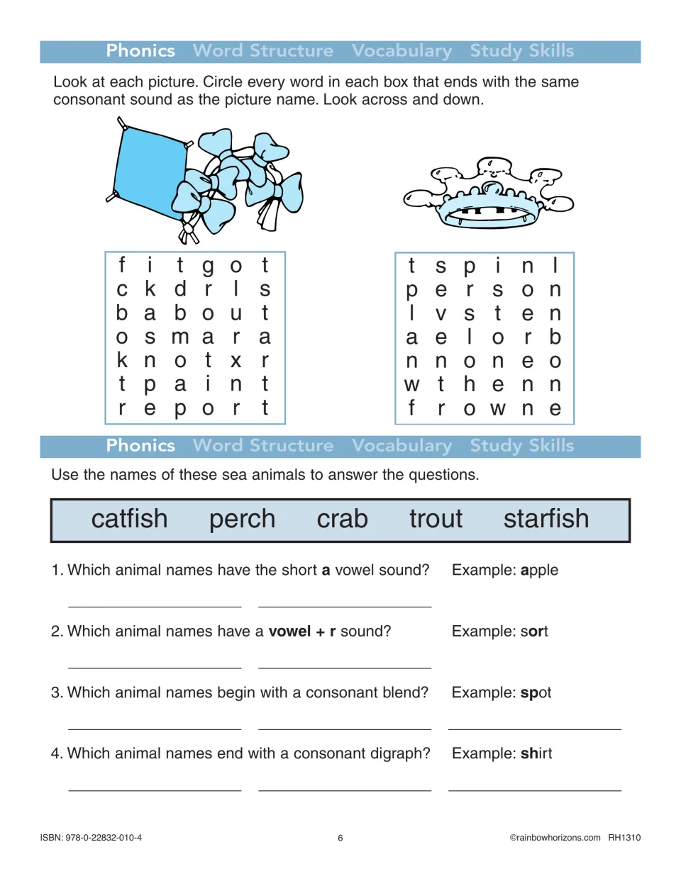 Phonics practice finding words ending like kite and crown, then sorting sea animal names by their sounds