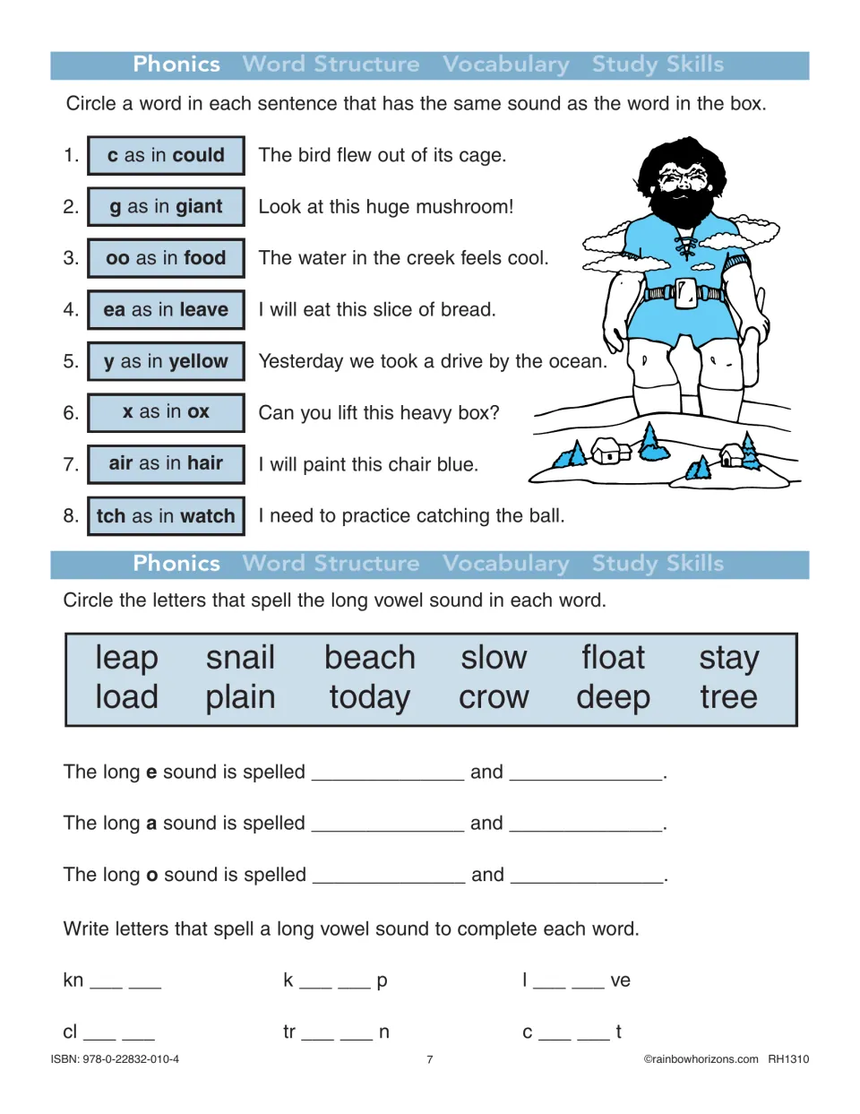 Phonics practice matching sounds in sentences and identifying long e, a, and o spellings in leap, snail, and more