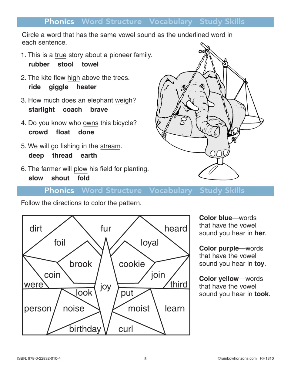Phonics practice matching vowel sounds in sentences and coloring words by the sounds in her, toy, and took
