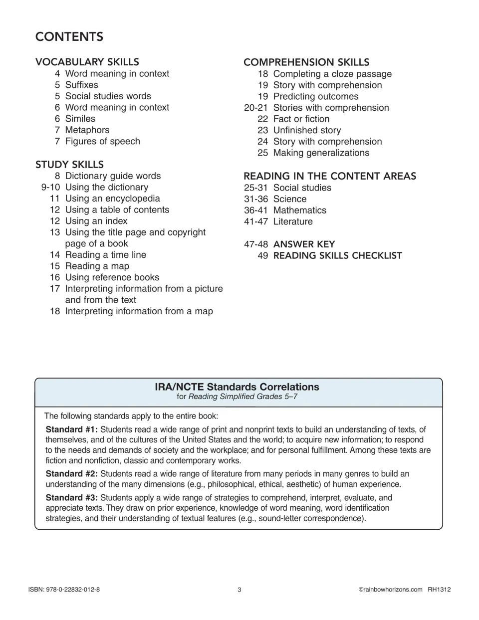 Contents lists vocabulary, study skills, comprehension, content-area reading, and answer key sections.