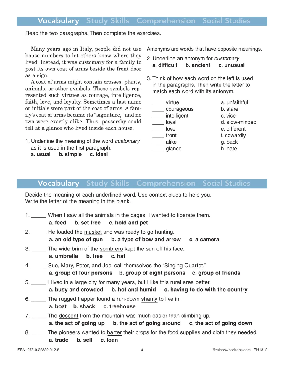 Vocabulary practice uses a coat of arms passage for word meanings and antonyms, then eight context clues.