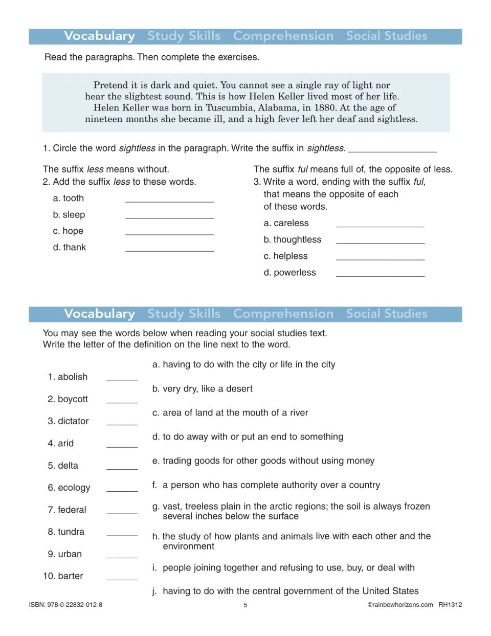 Vocabulary practice uses a Helen Keller passage for suffixes less and ful, then matches social studies words.