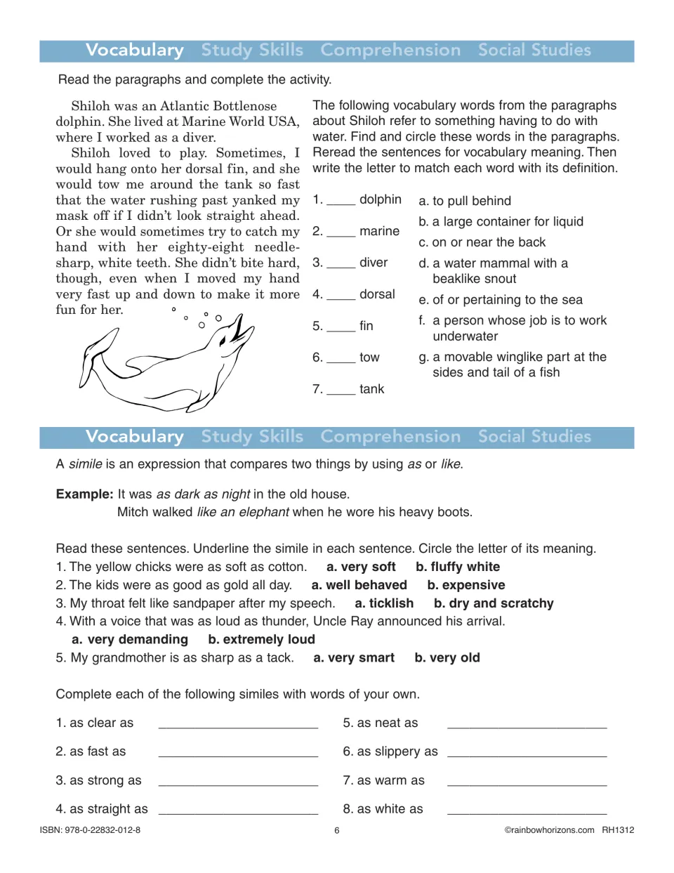 Vocabulary practice pairs a dolphin passage with seven water-related words, then interpreting and writing similes.