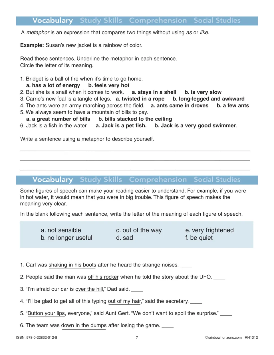 Vocabulary practice asks students to interpret six metaphors, write one, and match six figures of speech.