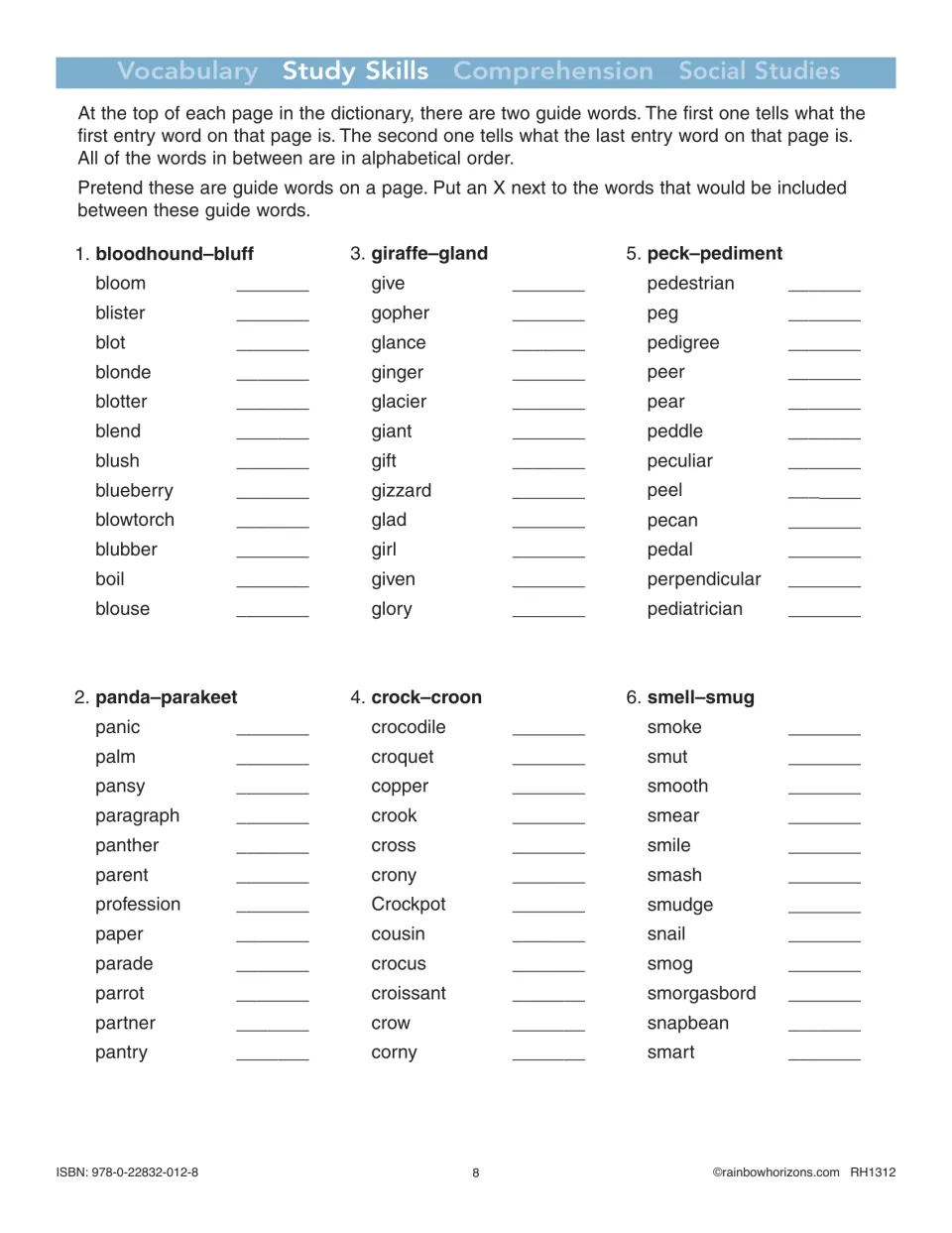 Study skills practice asks students to select words that belong between six pairs of dictionary guide words.