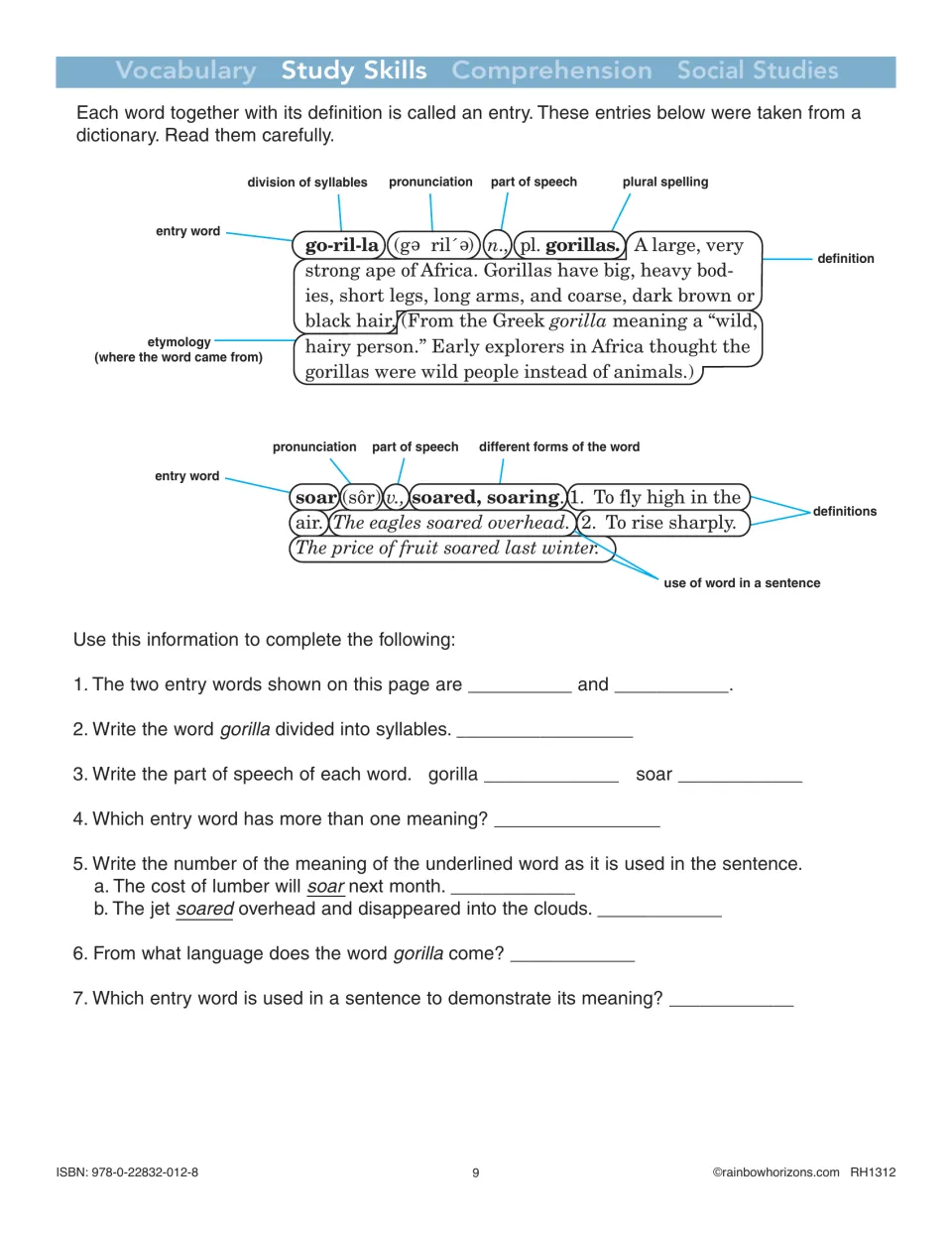 Study skills practice labels dictionary entries for gorilla and soar, followed by seven entry-reading questions.