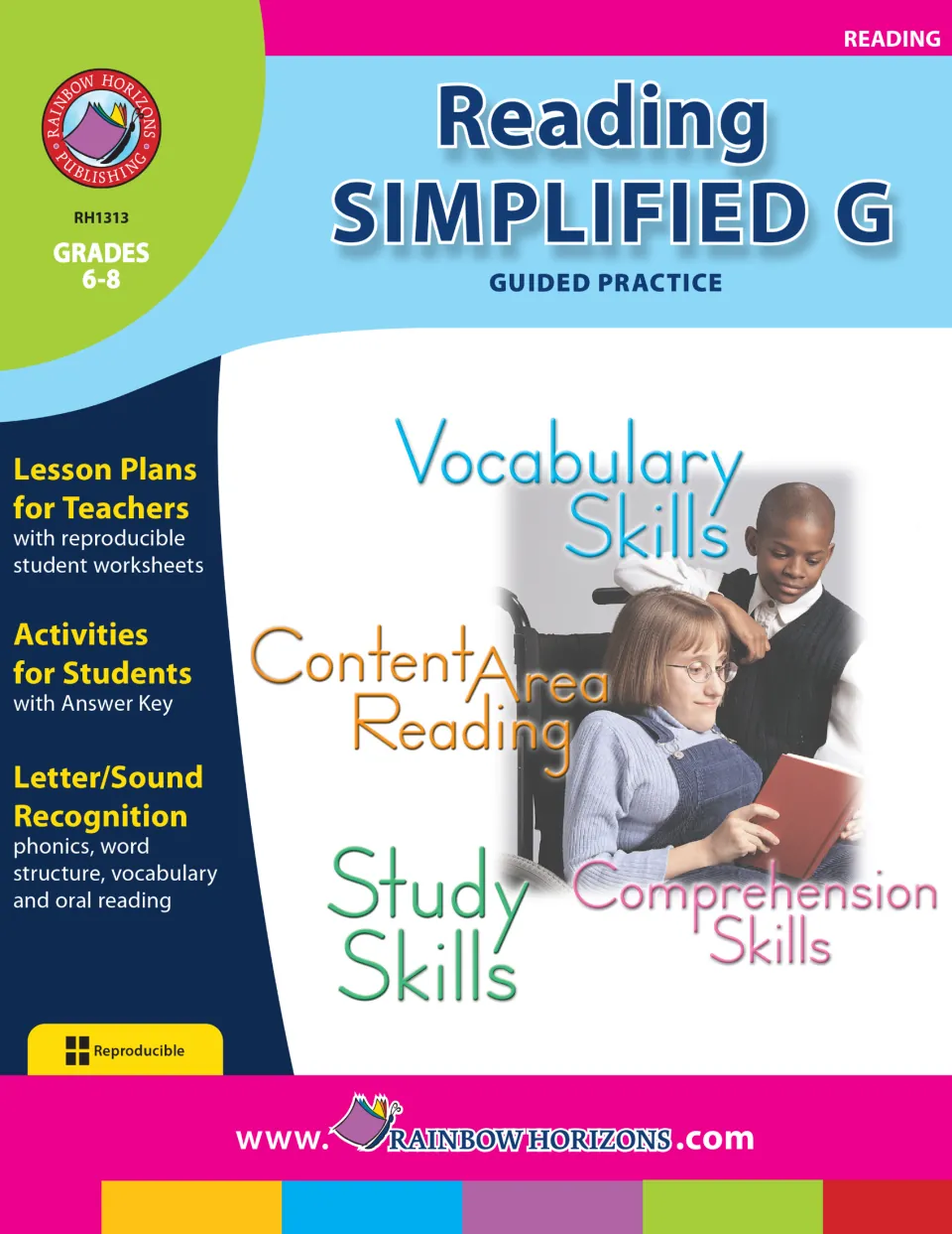 Reading Simplified G - Guided Practice cover for grades 6–8, listing vocabulary and comprehension skills