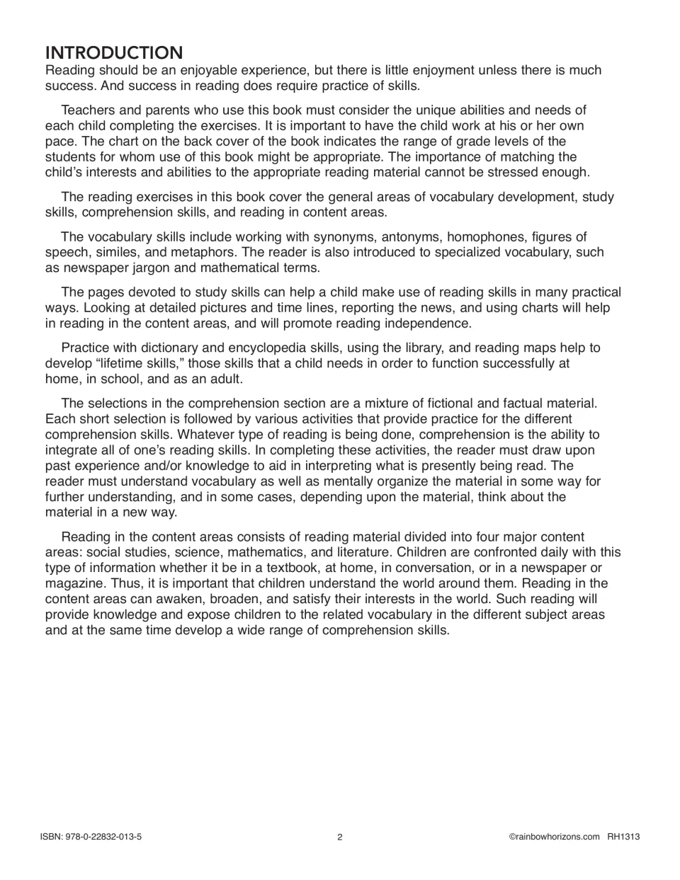 Introduction to the reading exercises, explaining vocabulary, study skills, comprehension, and content areas